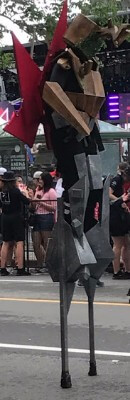 Stilt walker in a geometric costume